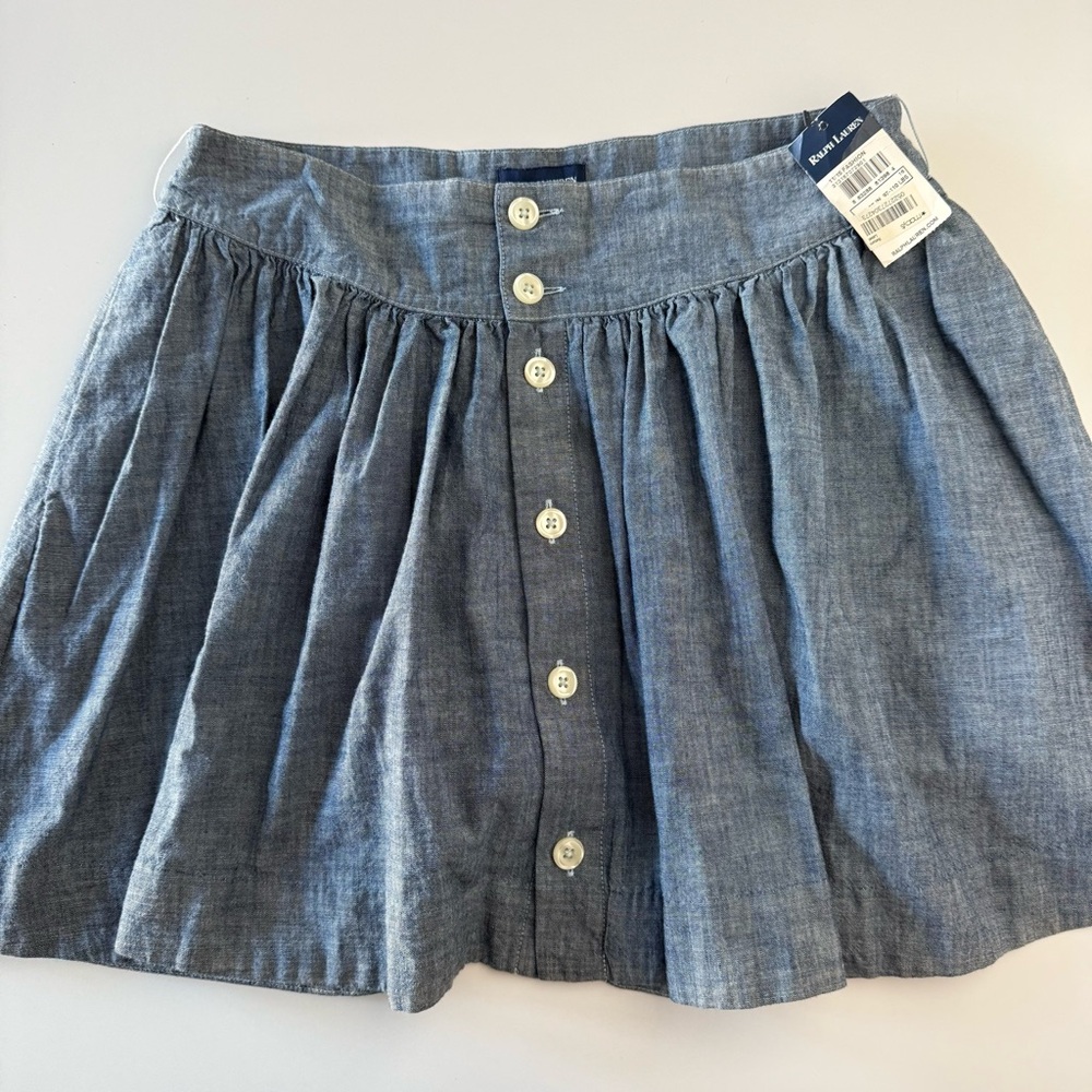 NWT Ralph Lauren Blue Chambray A-Line Skirt with Button Detail Size 16